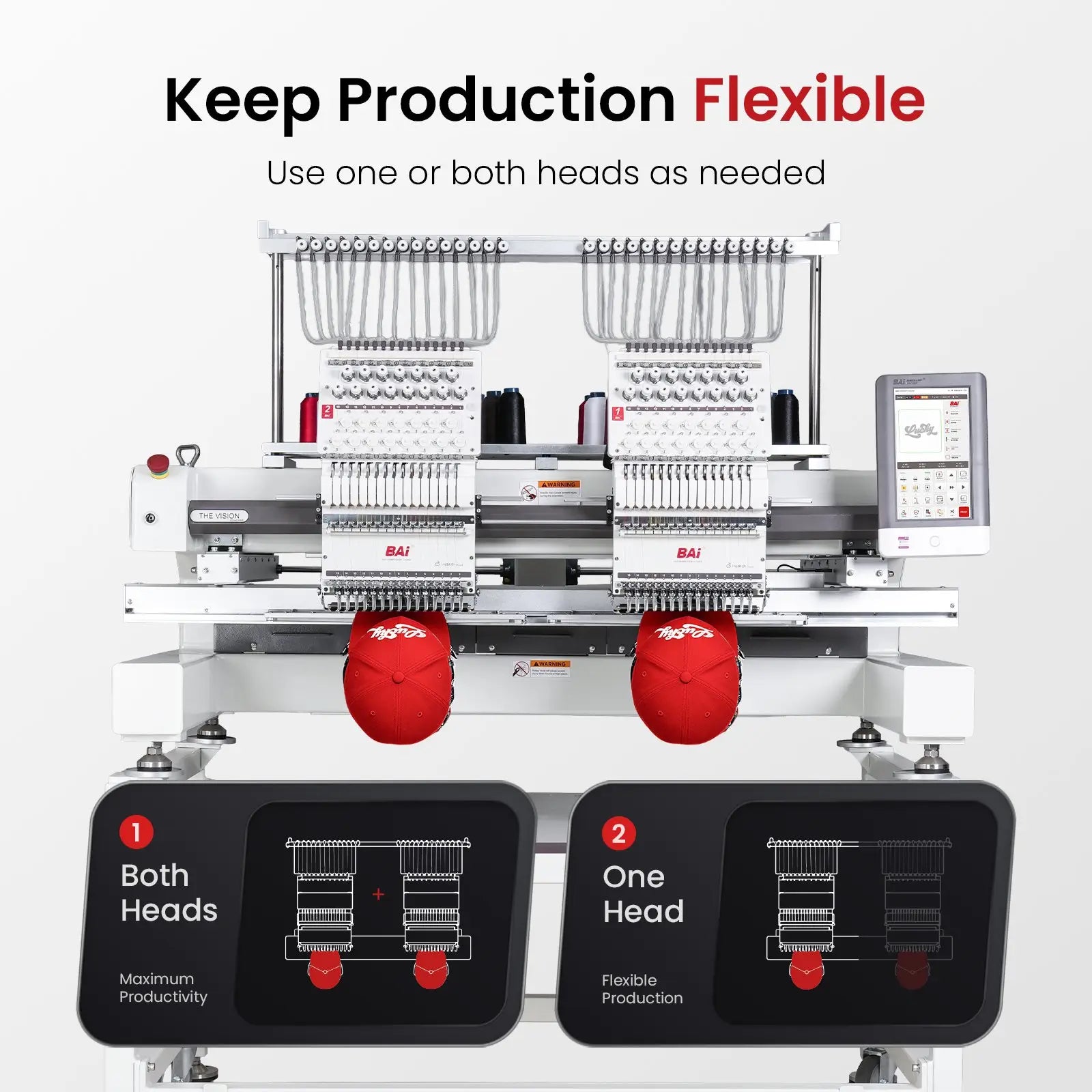 Absolute Toner BAi THE VISION 2-Head Commercial Embroidery Machine - Dual-Head 15-Needle Custom Apparel System Embroidery