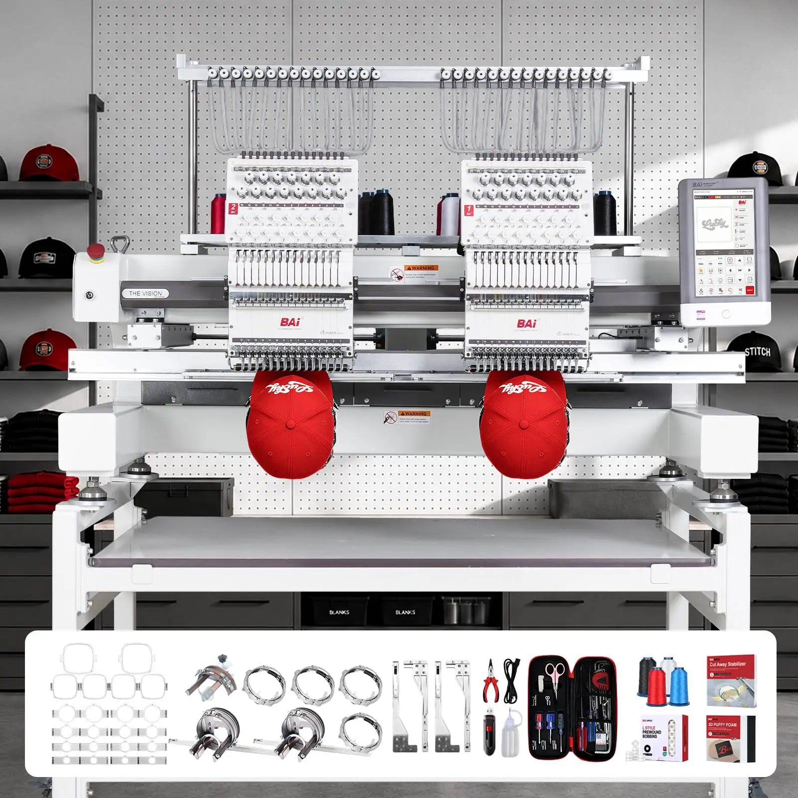 Absolute Toner BAi THE VISION 2-Head Commercial Embroidery Machine - Dual-Head 15-Needle Custom Apparel System Embroidery