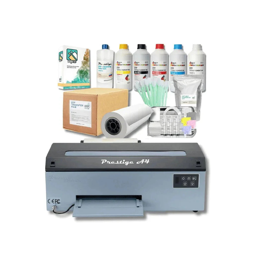 Absolute Toner SUPPLIES BUNDLE New Prestige 8.3" Roll Feed DTF Preinter + A4 Heat Press 110V With Curing Oven Phoenix Air 16x20" DTF printer