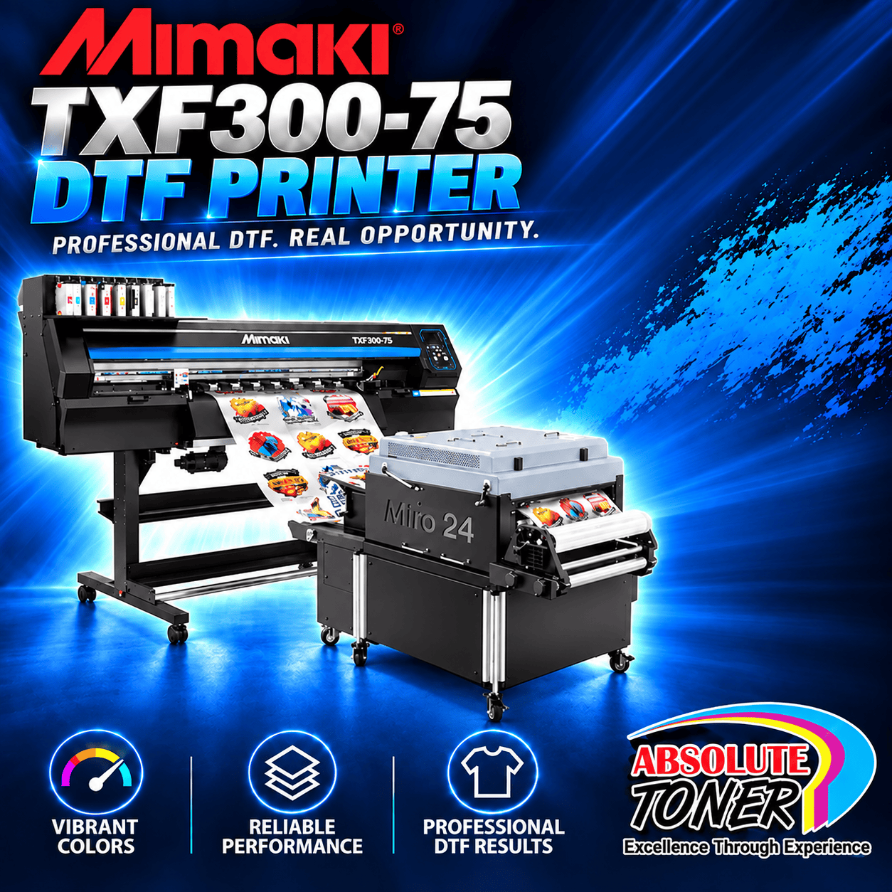 Absolute Toner PROMO: $268/month New Mimaki DTF TxF300-75 32" DTF BUNDLE DTF PRINTER (DIRECT-TO-FILM) Dual Print Heads with Miro 24 Shaker Bundle DTF printer
