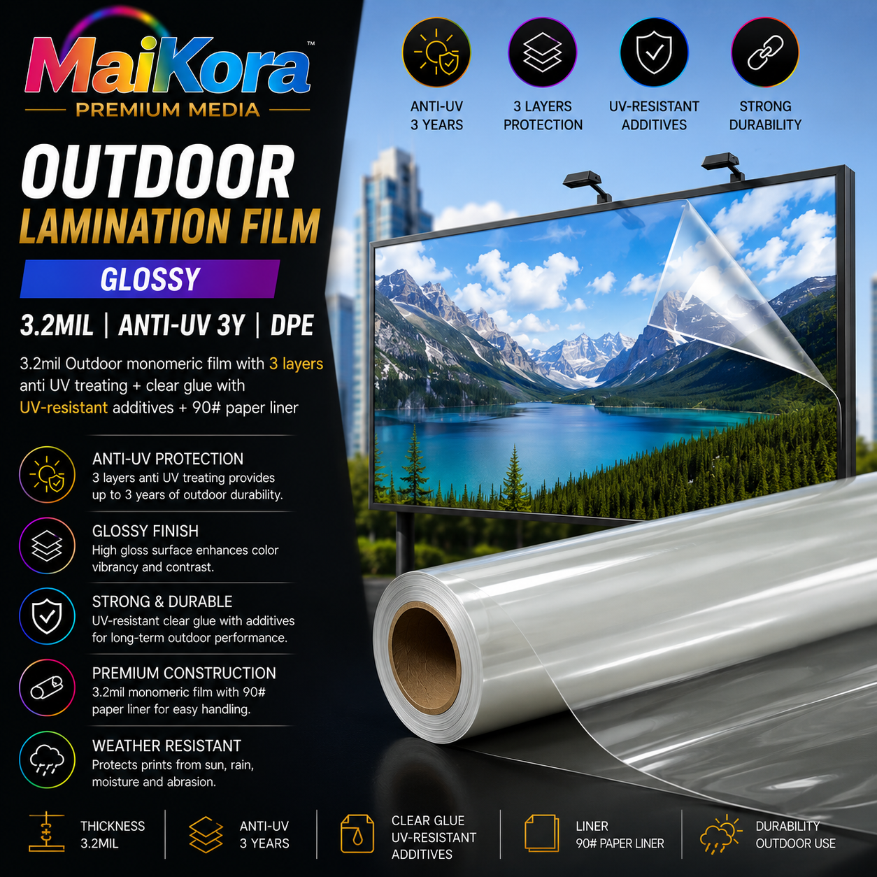 Absolute Toner MaiKora 54"x164FT Premium 3.2mil Outdoor Glossy Lamination Film | Anti UV | DPE Liner ABLM9-OT vinyl roll