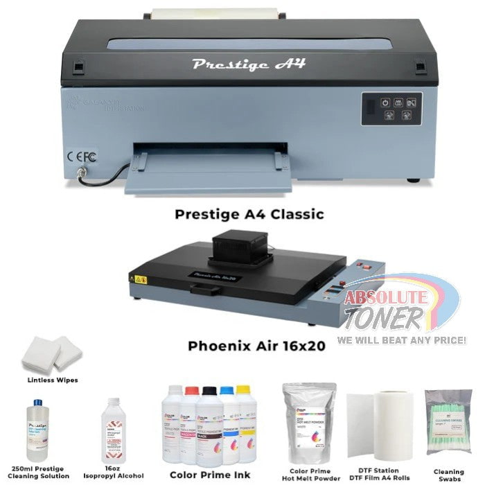 Absolute Toner $78/month Prestige A4 DTF Printer Heat Press Bundle with Full Supply Kit – DigiRIP, Film, Inks, Powder & More DTF printer