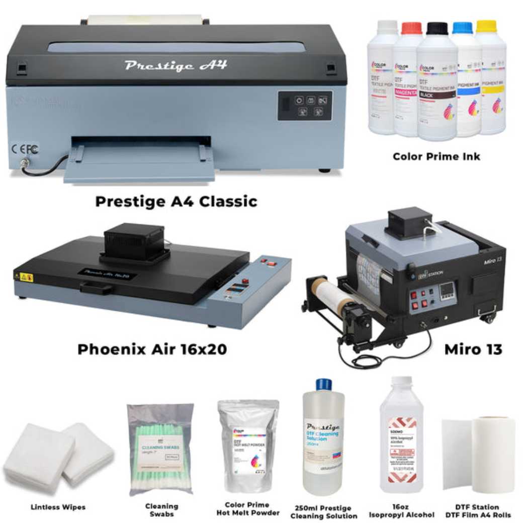 Absolute Toner $149/Month DTF Station Prestige A4 Shaker and Oven Bundle Includes Prestige A4 DTF Printer, Miro 13 DTF Powder Shaker and Dryer & Phoenix Air 16x20 Curing Oven DTF printer