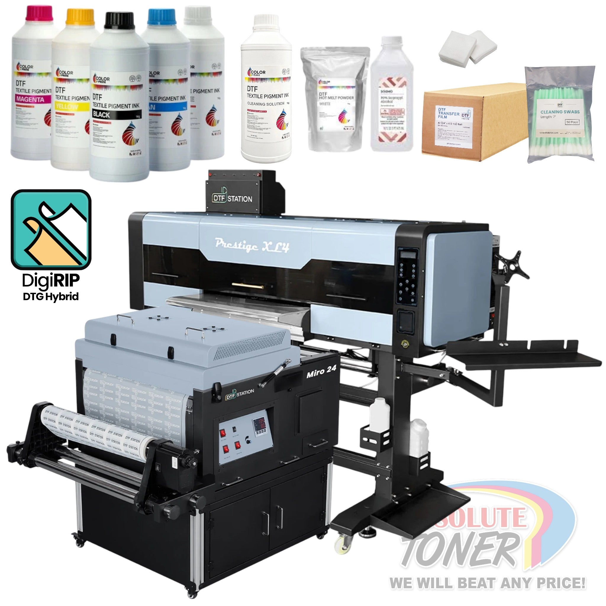 Absolute Toner New Prestige XL4 DTF Shaker Bundle Including Prestige XL4 DTF 24" Inch Printer & Miro 24 Powder Shaker and Startup Supply Package DTF printer