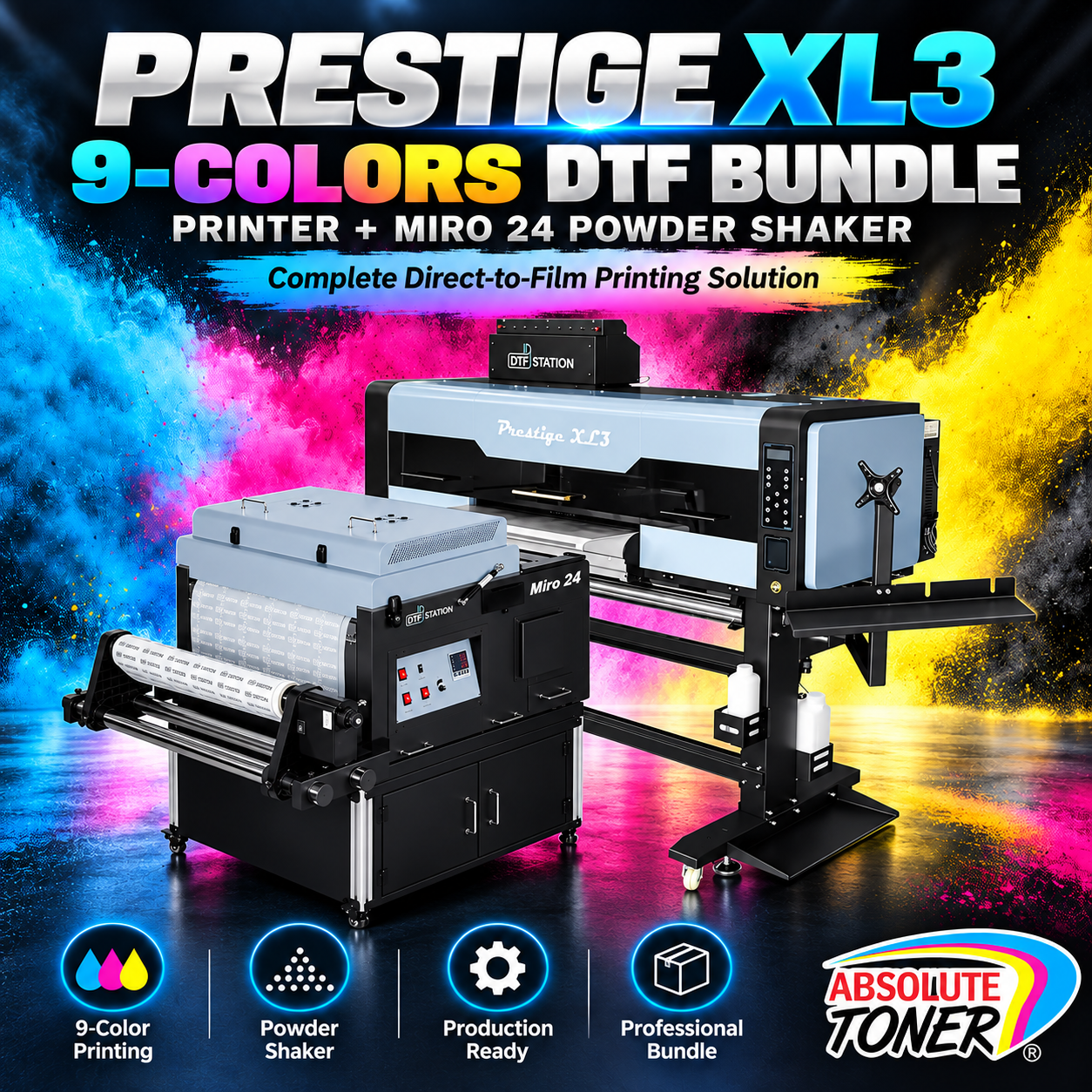 Absolute Toner From $497/month - 9 COLORS Prestige XL3 with 3 Epson i3200 DTF Printer Bundle with Auto Powder Shaker/Oven DTF printer