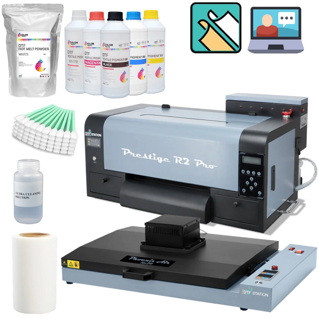 Absolute Toner PRO BUNDLE + SUPPLIES - Prestige R2 PRO 13" Roll DTF Printer 110V A3 (Dual Epson i1600 Print Heads) + Miro 13 Powder Shaker Applicator/Oven Dryer with Air Purifier DTF printer