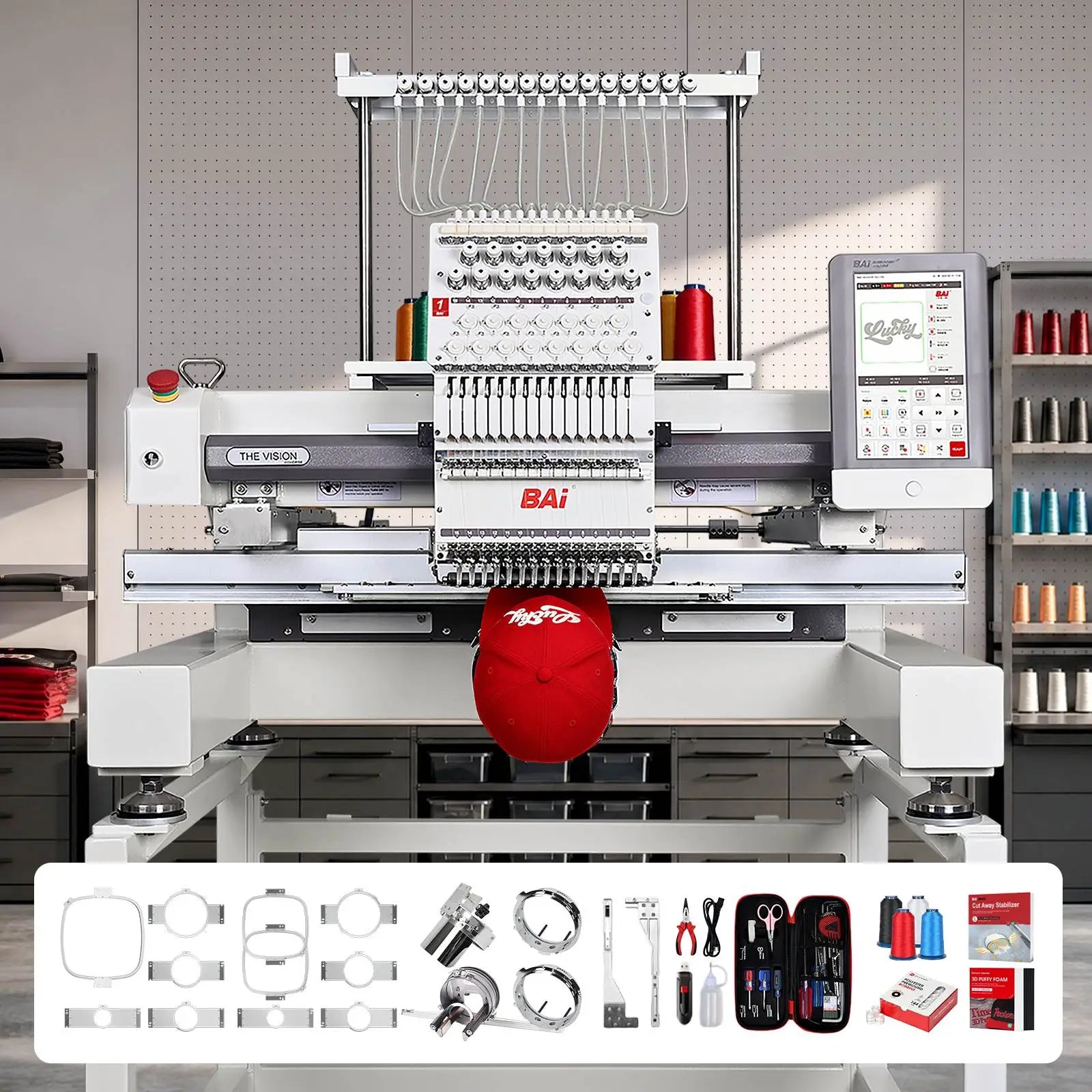 Absolute Toner $185/Month BAi THE VISION 15-Needle Single-Head Embroidery Machine - 15.7" x 19.7" Commercial Apparel System Embroidery