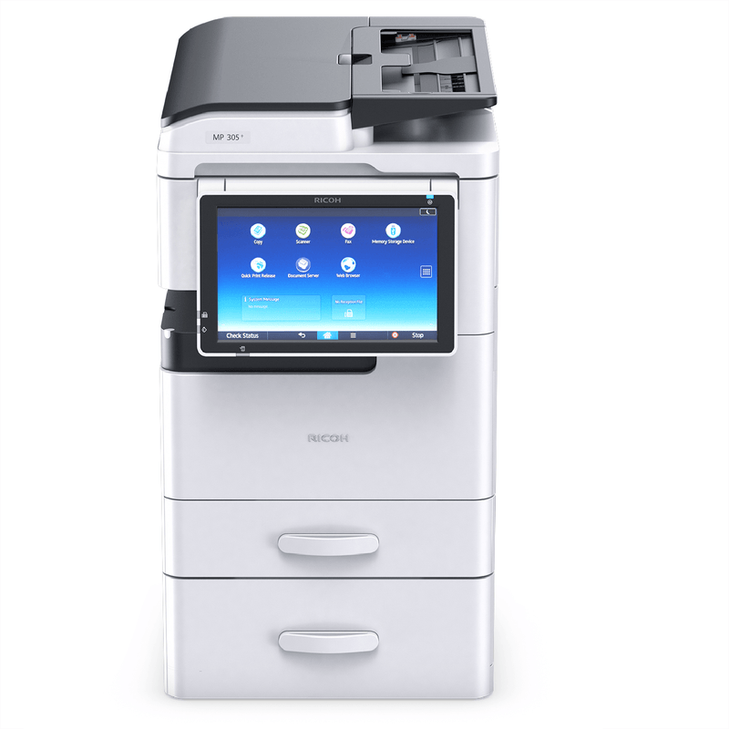 Absolute Toner $17.95/Month Ricoh MP 305+ SPF Desktop Commercial Monochrome Multifunction Laser Printer Copier Scanner With Large LCD For Office Use Showroom Monochrome Copiers
