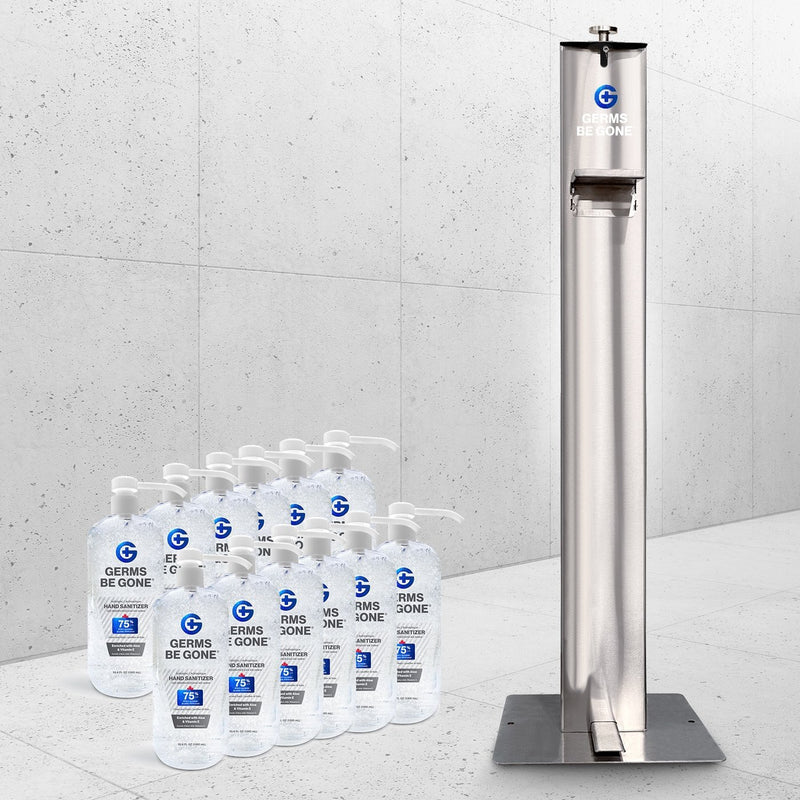 Absolute Toner Germs Be Gone Freestanding Touchless Square Dispenser Stand with Mechanical Foot Pedal, includes 12 x 1 Liter Bottles Dispenser